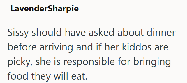 LavenderSharpie Sissy should have asked about dinner before arriving and if her kiddos are picky, she is responsible for bringing food they will eat.