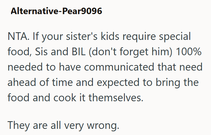 Alternative-Pear9096 NTA. If your sister's kids require special food, Sis and BIL (don't forget him) 100% needed to have communicated that need ahead of time and expected to bring the food and cook it themselves. They are all very wrong.