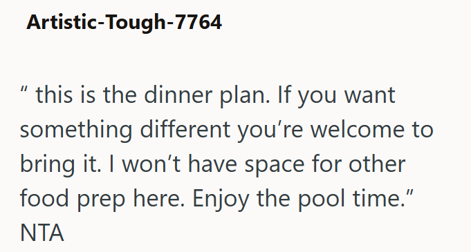Artistic-Tough-7764 this is the dinner plan. If you want something different you're welcome to bring it. I won't have space for other food prep here. Enjoy the pool time.” NTA