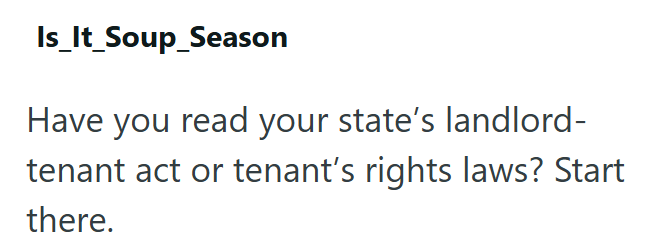 Is It Soup_Season Have you read your state's landlord- tenant act or tenant's rights laws? Start there.