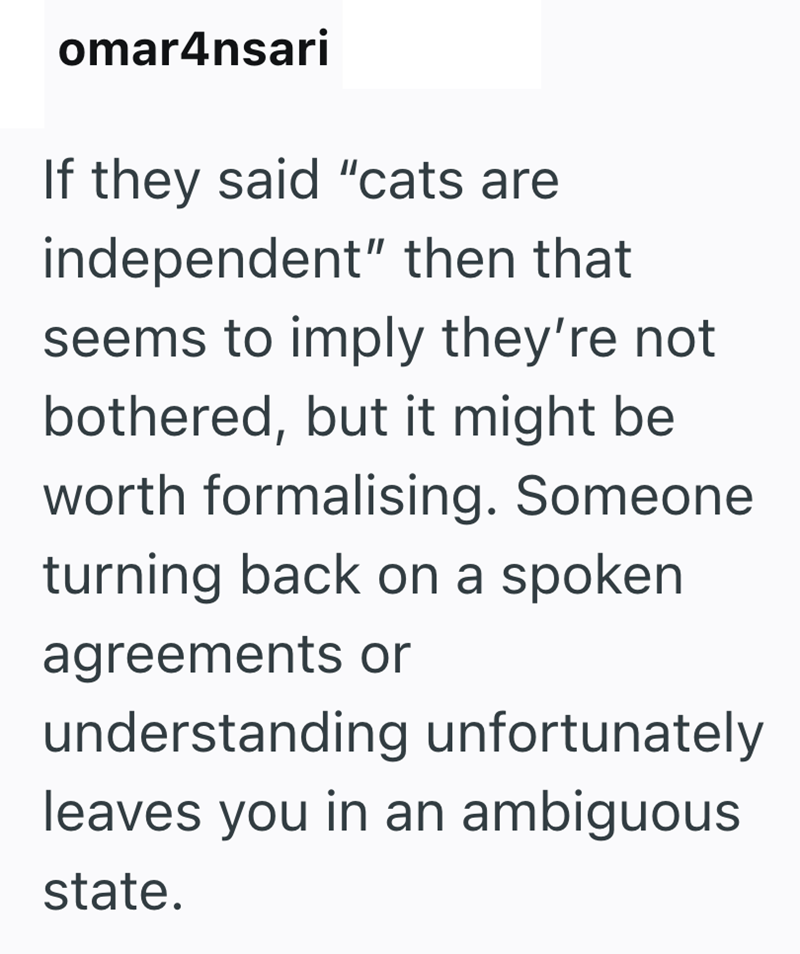 omar4nsari If they said "cats are independent" then that seems to imply they're not bothered, but it might be worth formalising. Someone turning back on a spoken agreements or understanding unfortunately leaves you in an ambiguous state.