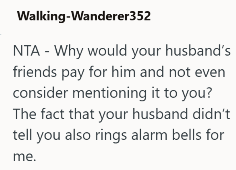 Walking-Wanderer352 NTA - Why would your husband's friends pay for him and not even consider mentioning it to you? The fact that your husband didn't tell you also rings alarm bells for me.