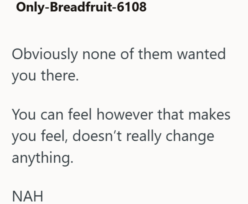 Only-Breadfruit-6108 Obviously none of them wanted you there. You can feel however that makes you feel, doesn't really change anything. NAH