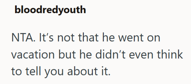 bloodredyouth NTA. It's not that he went on vacation but he didn't even think to tell you about it.