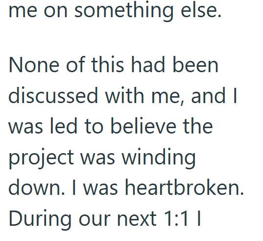 me on something else. None of this had been discussed with me, and I was led to believe the project was winding down. I was heartbroken. During our next 1:1 1