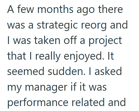 A few months ago there was a strategic reorg and I was taken off a project that I really enjoyed. It seemed sudden. I asked my manager if it was performance related and