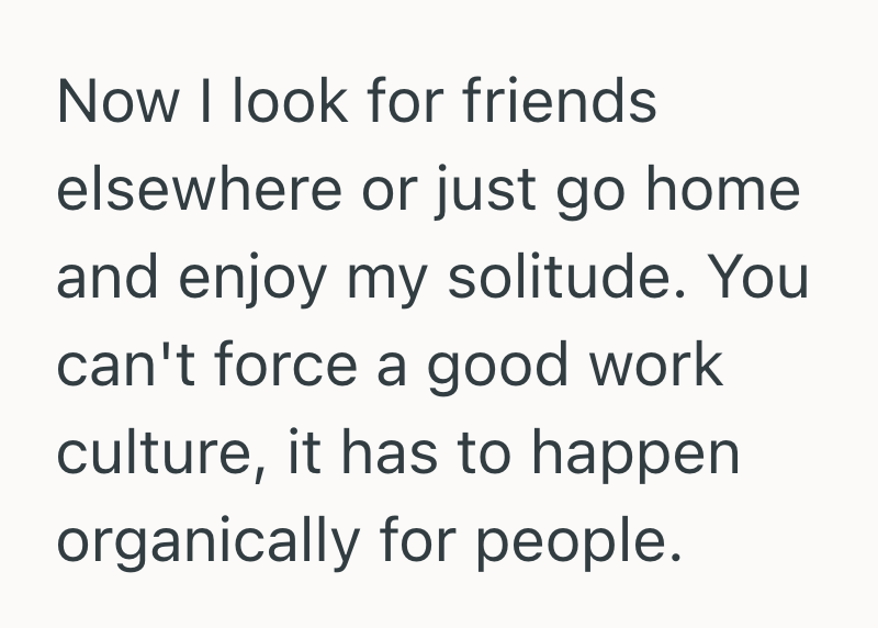 Now I look for friends elsewhere or just go home and enjoy my solitude. You can't force a good work culture, it has to happen organically for people.