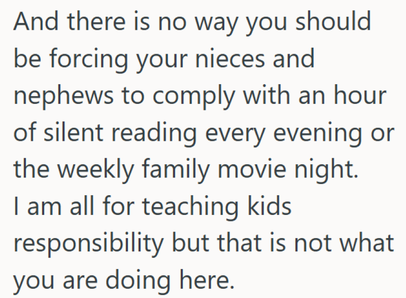 And there is no way you should be forcing your nieces and nephews to comply with an hour of silent reading every evening or the weekly family movie night. I am all for teaching kids responsibility but that is not what you are doing here.