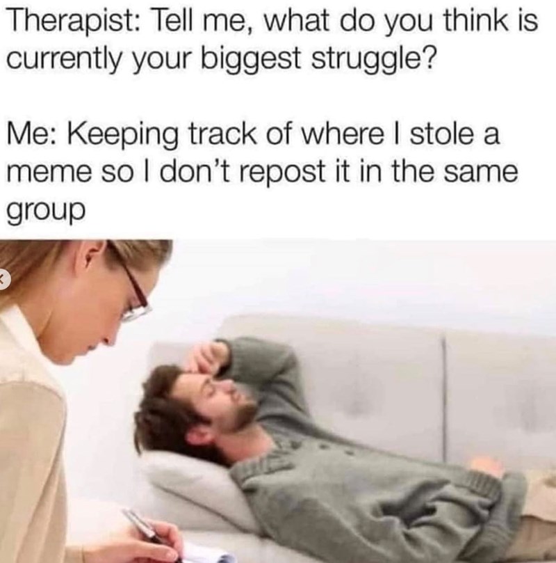 Therapist: Tell me, what do you think is currently your biggest struggle? Me: Keeping track of where I stole a meme so I don't repost it in the same group