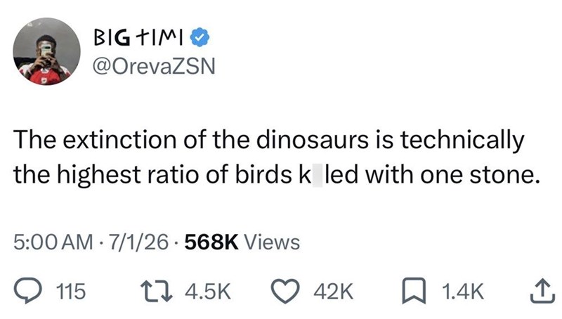 BIG TIMI @OrevaZSN The extinction of the dinosaurs is technically the highest ratio of birds k led with one stone. 5:00 AM 7/1/26 568K Views 115 14.5K 42K 1.4K
