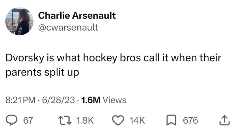 Charlie Arsenault @cwarsenault Dvorsky is what hockey bros call it when their parents split up 8:21 PM 6/28/23 1.6M Views • 67 11.8K 14K ☐ 676 ↑