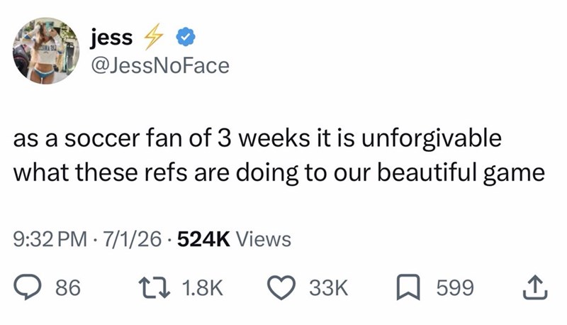jess @JessNoFace as a soccer fan of 3 weeks it is unforgivable what these refs are doing to our beautiful game 9:32 PM 7/1/26.524K Views 86 1 1.8K 33K 599 ↑