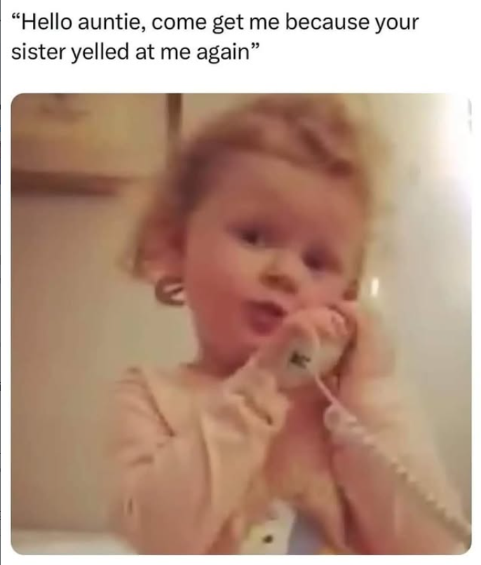 "Hello auntie, come get me because your sister yelled at me again" v