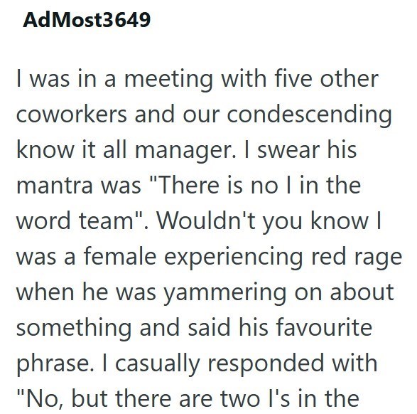 AdMost3649 I was in a meeting with five other coworkers and our condescending know it all manager. I swear his mantra was "There is no I in the word team". Wouldn't you know I was a female experiencing red rage when he was yammering on about something and said his favourite phrase. I casually responded with "No, but there are two I's in the