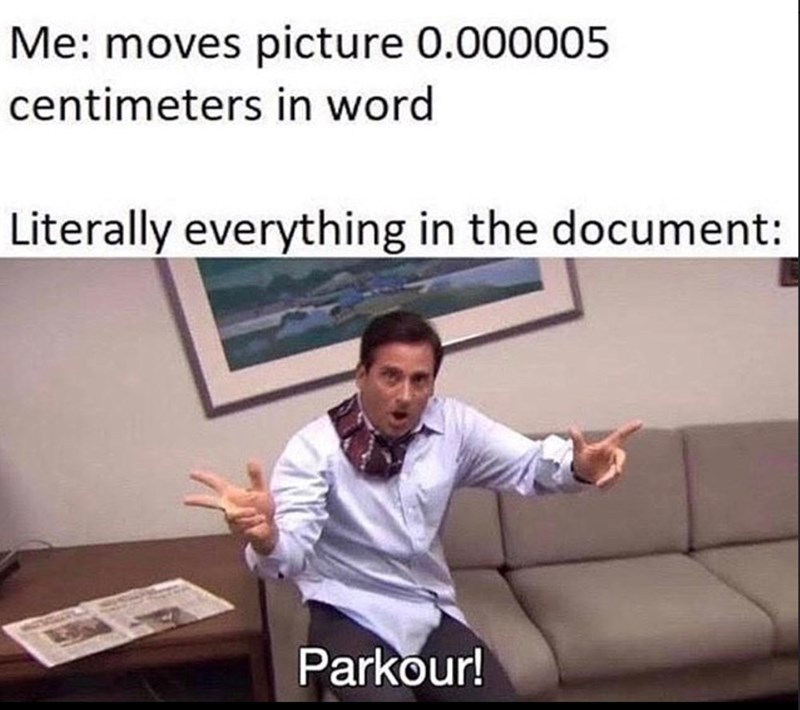 Me: moves picture 0.000005 centimeters in word Literally everything in the document: Parkour!