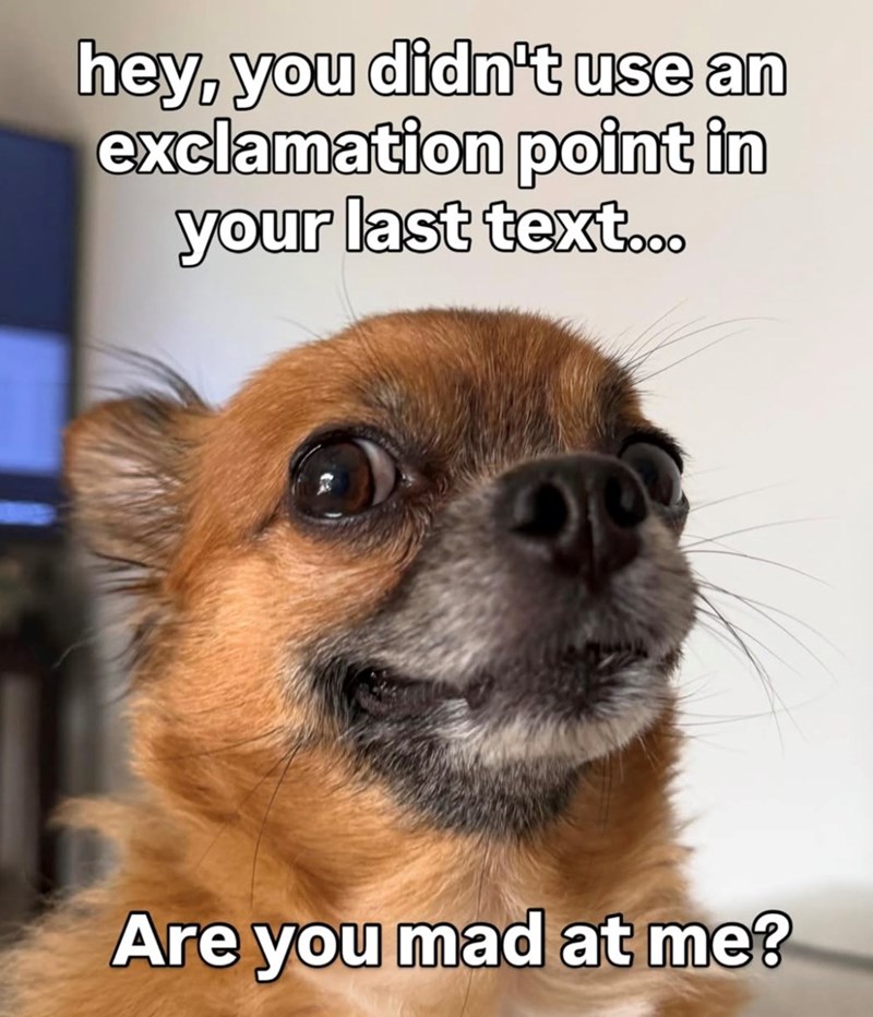 hey, you didn't use an exclamation point in your last text... Are you mad at me?