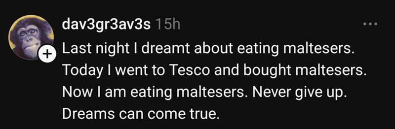 + dav3gr3av3s 15h Last night I dreamt about eating maltesers. Today I went to Tesco and bought maltesers. Now I am eating maltesers. Never give up. Dreams can come true.