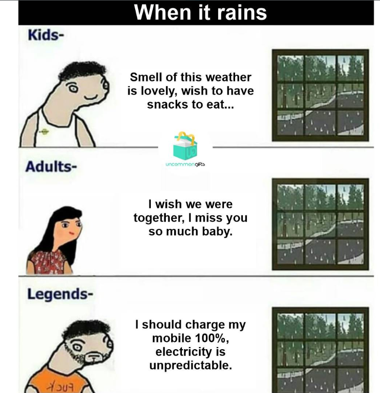 Kids- When it rains Smell of this weather is lovely, wish to have snacks to eat... Adults- uncommon gifts I wish we were together, I miss you so much baby. Legends- (o I should charge my mobile 100%, electricity is unpredictable. 4507