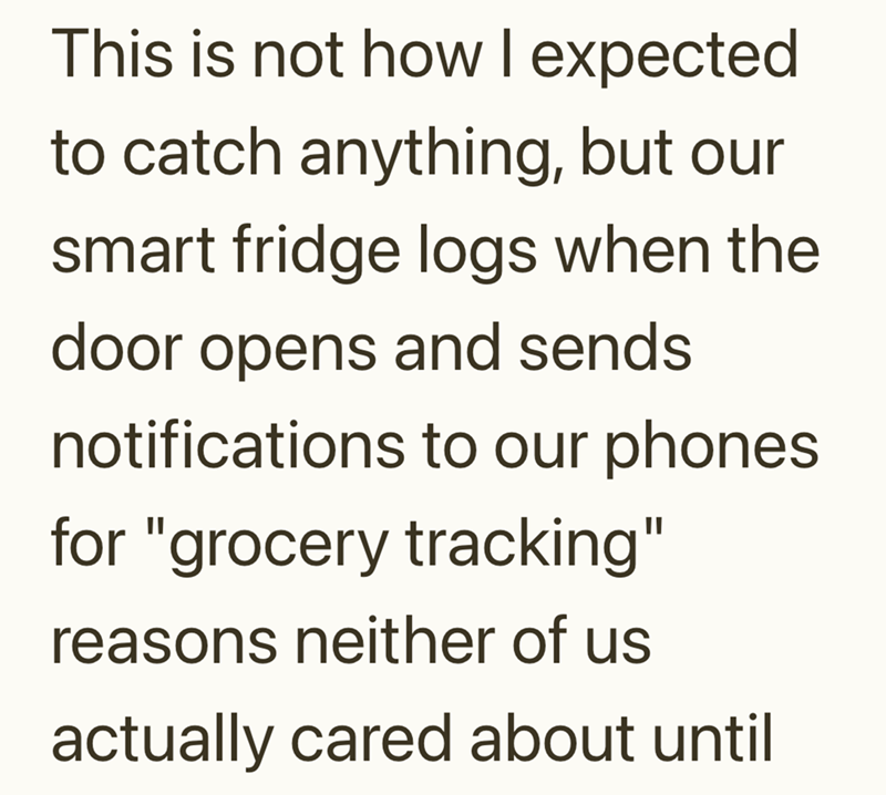 This is not how I expected to catch anything, but our smart fridge logs when the door opens and sends notifications to our phones for "grocery tracking" reasons neither of us actually cared about until