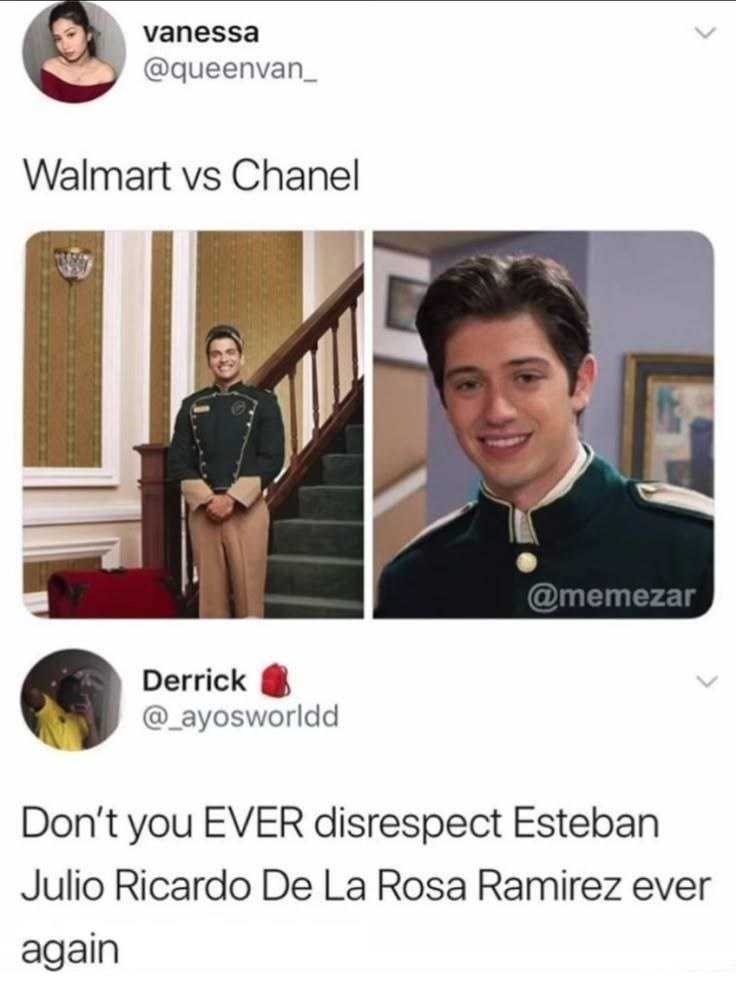 vanessa @queenvan_ Walmart vs Chanel @memezar Derrick @_ayosworldd Don't you EVER disrespect Esteban Julio Ricardo De La Rosa Ramirez ever again