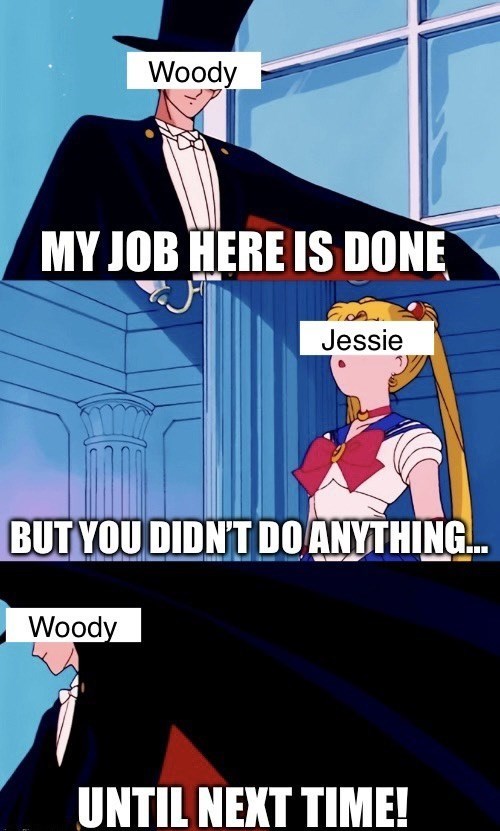 Woody MY JOB HERE IS DONE Jessie BUT YOU DIDN'T DO ANYTHING... Woody UNTIL NEXT TIME!