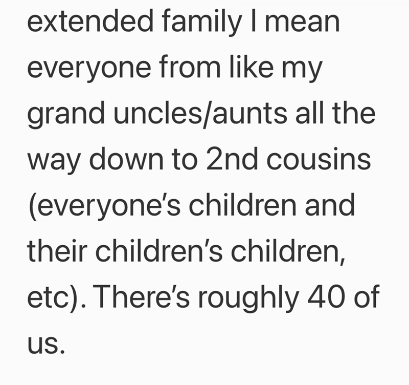 extended family I mean everyone from like my grand uncles/aunts all the way down to 2nd cousins (everyone's children and their children's children, etc). There's roughly 40 of us.