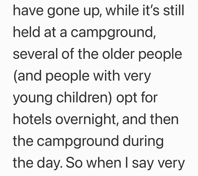have gone up, while it's still held at a campground, several of the older people (and people with very young children) opt for hotels overnight, and then the campground during the day. So when I say very