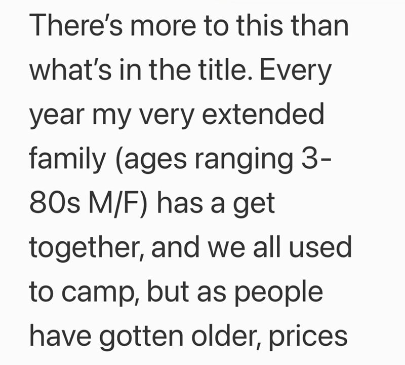 There's more to this than what's in the title. Every year my very extended family (ages ranging 3- 80s M/F) has a get together, and we all used to camp, but as people have gotten older, prices