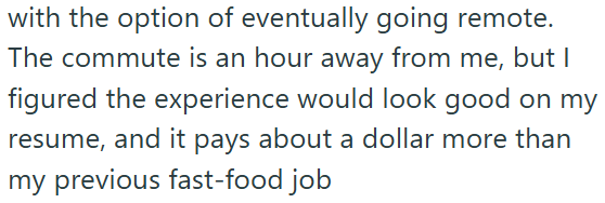 with the option of eventually going remote. The commute is an hour away from me, but I figured the experience would look good on my resume, and it pays about a dollar more than my previous fast-food job