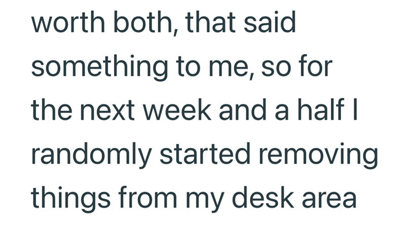 worth both, that said something to me, so for the next week and a half I randomly started removing things from my desk area