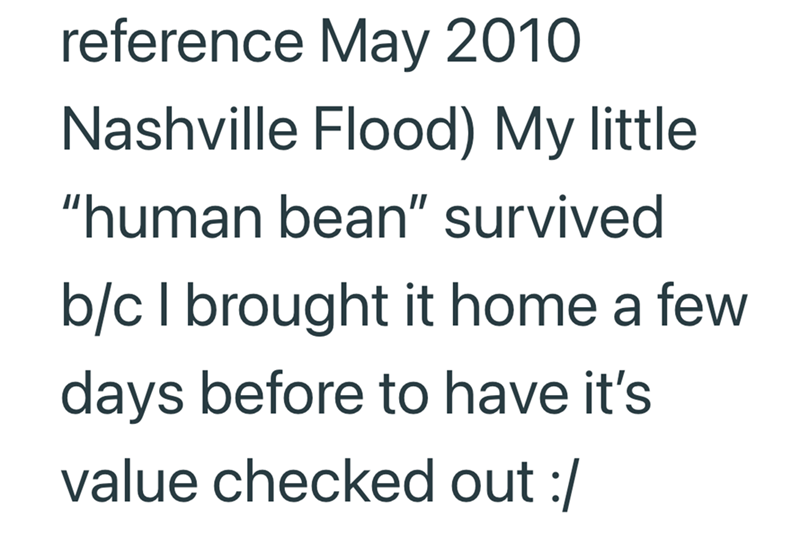 reference May 2010 Nashville Flood) My little "human bean" survived b/c I brought it home a few days before to have it's value checked out :/