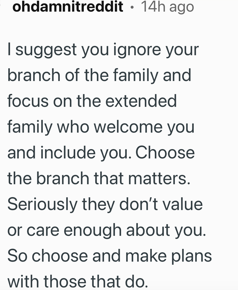 ohdamnitreddit • 14h ago . I suggest you ignore your branch of the family and focus on the extended family who welcome you and include you. Choose the branch that matters. Seriously they don't value or care enough about you. So choose and make plans with those that do.