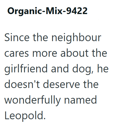 Organic-Mix-9422 Since the neighbour cares more about the girlfriend and dog, he doesn't deserve the wonderfully named Leopold.