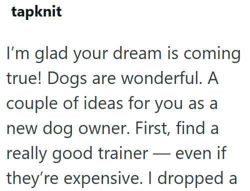 tapknit I'm glad your dream is coming true! Dogs are wonderful. A couple of ideas for you as a new dog owner. First, find a really good trainer - even if they're expensive. I dropped a