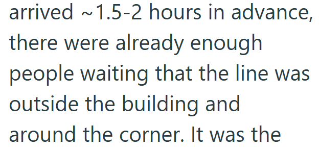arrived ~1.5-2 hours in advance, there were already enough people waiting that the line was outside the building and around the corner. It was the