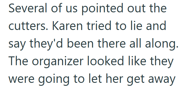Several of us pointed out the cutters. Karen tried to lie and say they'd been there all along. The organizer looked like they were going to let her get away