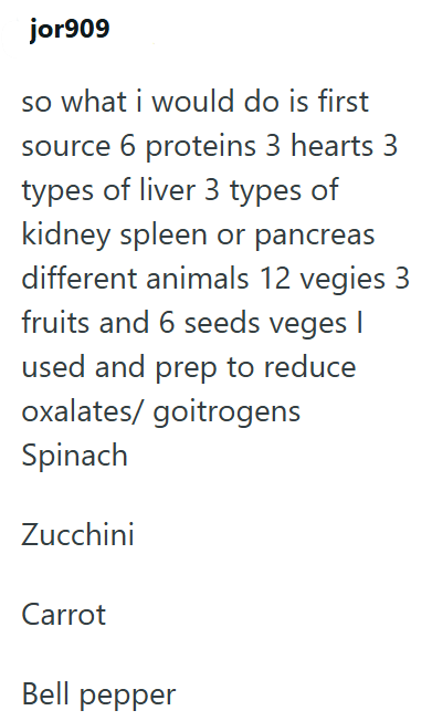 jor909 so what i would do is first source 6 proteins 3 hearts 3 types of liver 3 types of kidney spleen or pancreas different animals 12 vegies 3 fruits and 6 seeds veges I used and prep to reduce oxalates/ goitrogens Spinach Zucchini Carrot Bell pepper