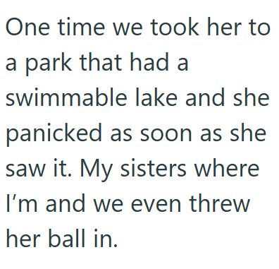 One time we took her to a park that had a swimmable lake and she panicked as soon as she saw it. My sisters where I'm and we even threw her ball in.