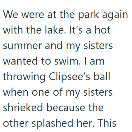 We were at the park again with the lake. It's a hot summer and my sisters wanted to swim. I am throwing Clipsee's ball when one of my sisters shrieked because the other splashed her. This