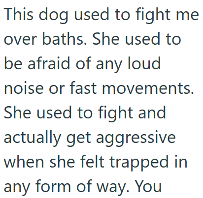 This dog used to fight me over baths. She used to be afraid of any loud noise or fast movements. She used to fight and actually get aggressive when she felt trapped in any form of way. You