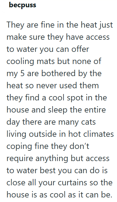 becpuss They are fine in the heat just make sure they have access to water you can offer cooling mats but none of my 5 are bothered by the heat so never used them they find a cool spot in the house and sleep the entire day there are many cats living outside in hot climates coping fine they don't require anything but access to water best you can do is close all your curtains so the house is as cool as it can be.