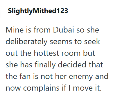 Slightly Mithed123 Mine is from Dubai so she deliberately seems to seek out the hottest room but she has finally decided that the fan is not her enemy and now complains if I move it.