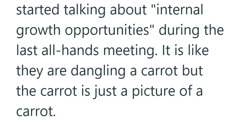started talking about "internal growth opportunities" during the last all-hands meeting. It is like they are dangling a carrot but the carrot is just a picture of a carrot.