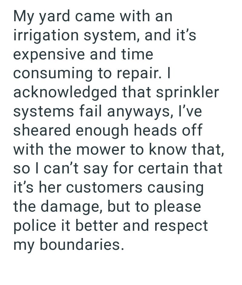 My yard came with an irrigation system, and it's expensive and time consuming to repair. I acknowledged that sprinkler systems fail anyways, I've sheared enough heads off with the mower to know that, so I can't say for certain that it's her customers causing the damage, but to please police it better and respect my boundaries.