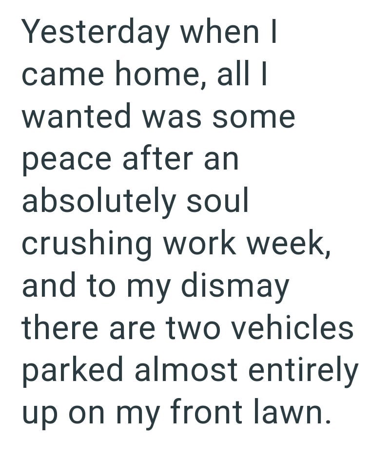 Yesterday when I came home, all I wanted was some peace after an absolutely soul crushing work week, and to my dismay there are two vehicles parked almost entirely up on my front lawn.