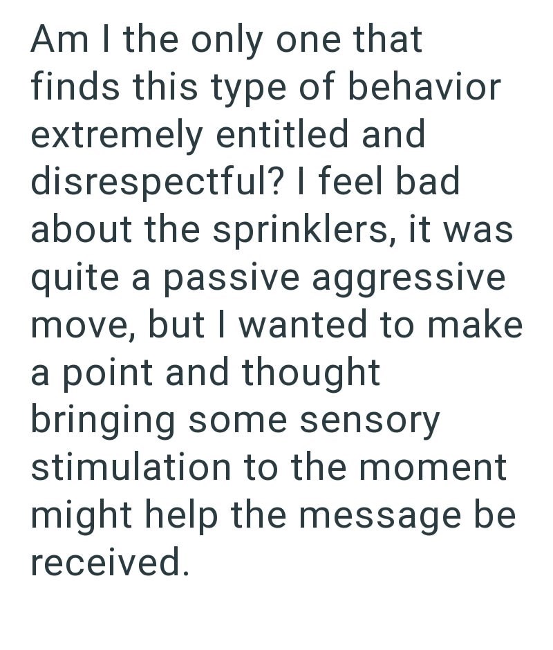 Am I the only one that finds this type of behavior extremely entitled and disrespectful? I feel bad about the sprinklers, it was quite a passive aggressive move, but I wanted to make a point and thought bringing some sensory stimulation to the moment might help the message be received.