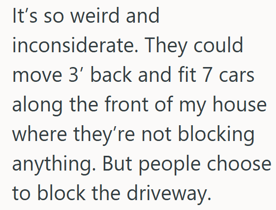 It's so weird and inconsiderate. They could move 3' back and fit 7 cars along the front of my house where they're not blocking anything. But people choose to block the driveway.