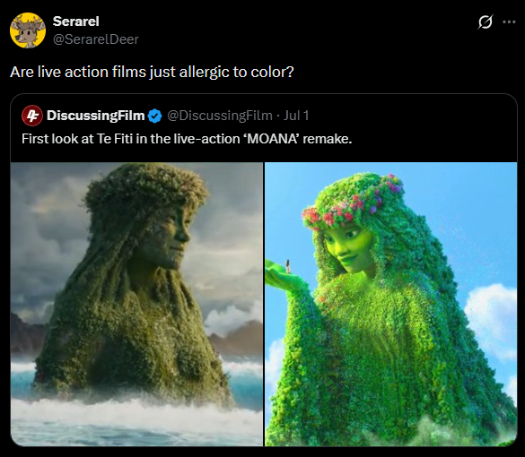 Serarel @SerarelDeer Are live action films just allergic to color? 4 DiscussingFilm @DiscussingFilm · Jul 1 First look at Te Fiti in the live-action 'MOANA' remake. 0