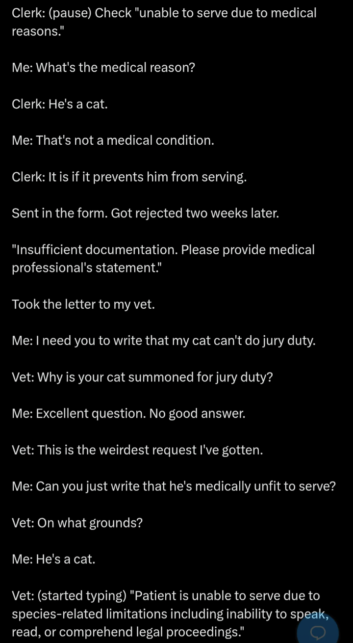 Clerk: (pause) Check "unable to serve due to medical reasons." Me: What's the medical reason? Clerk: He's a cat. Me: That's not a medical condition. Clerk: It is if it prevents him from serving. Sent in the form. Got rejected two weeks later. "Insufficient documentation. Please provide medical professional's statement." Took the letter to my vet. Me: I need you to write that my cat can't do jury duty. Vet: Why is your cat summoned for jury duty? Me: Excellent question. No good answer. Vet: This