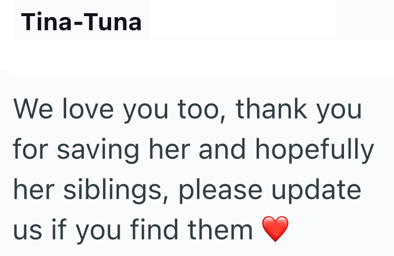 Tina-Tuna We love you too, thank you for saving her and hopefully her siblings, please update us if you find them